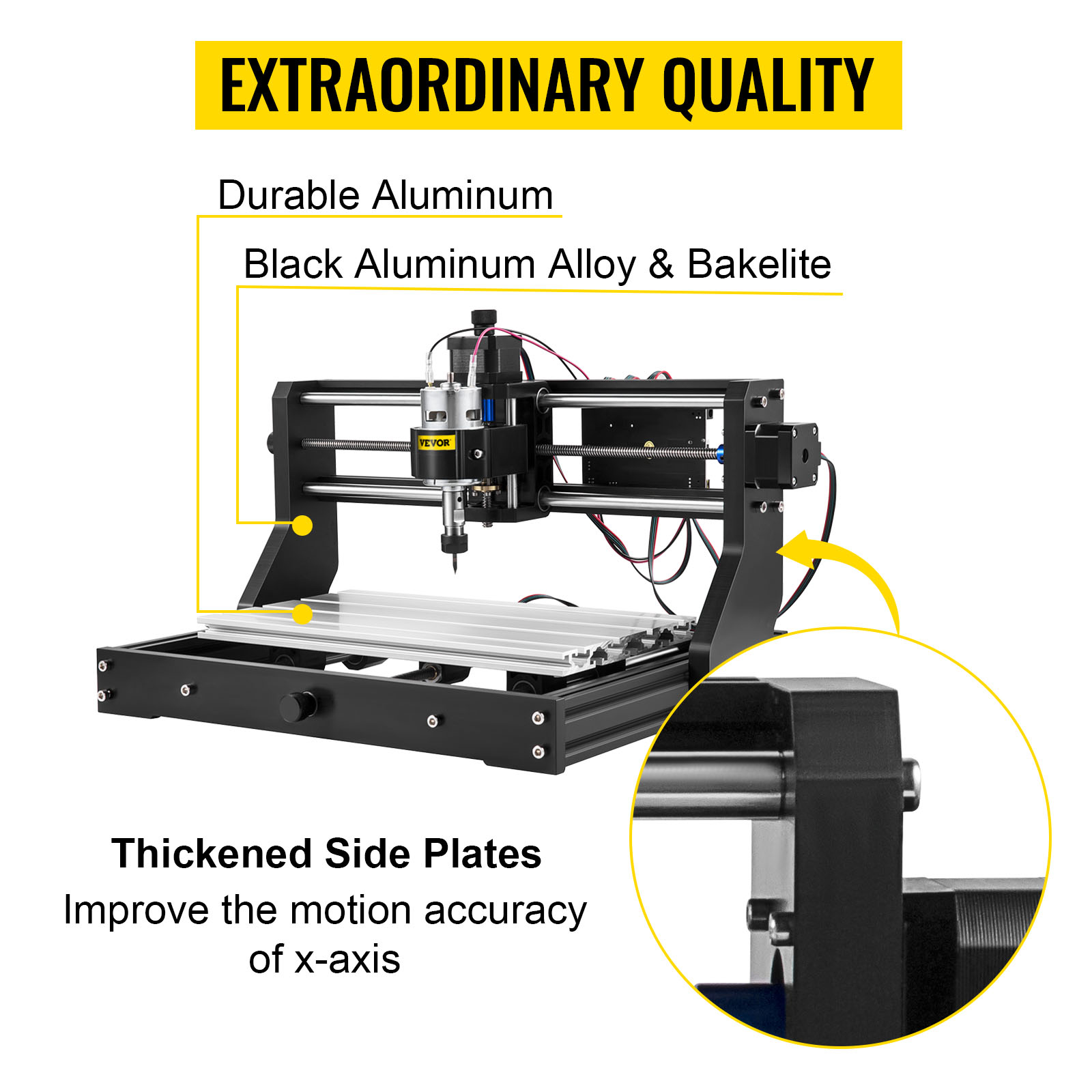 VEVOR cnc router machine with durable aluminum frame and thickened side plates.