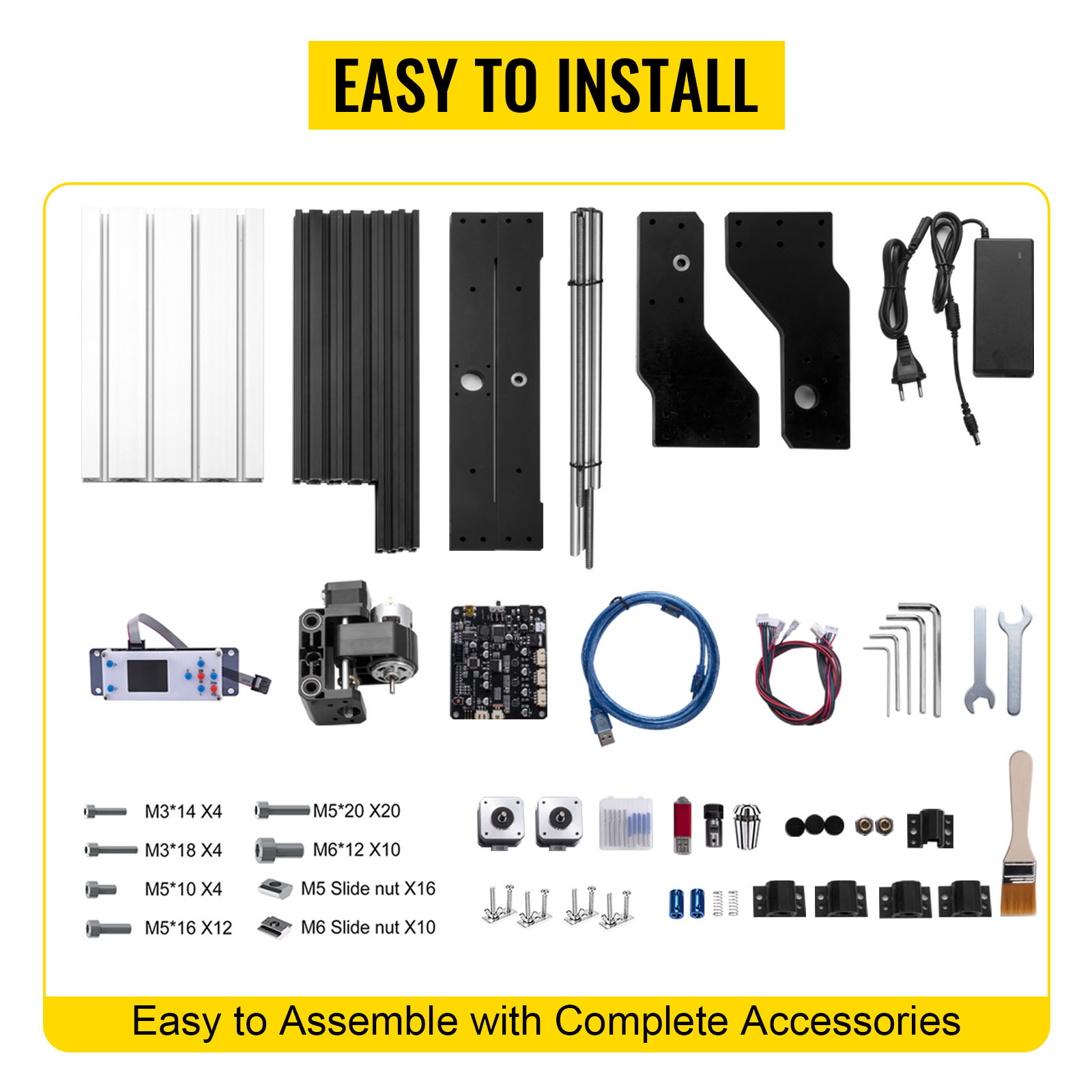 VEVOR cnc router machine parts spread out with tools and components, easy to install.