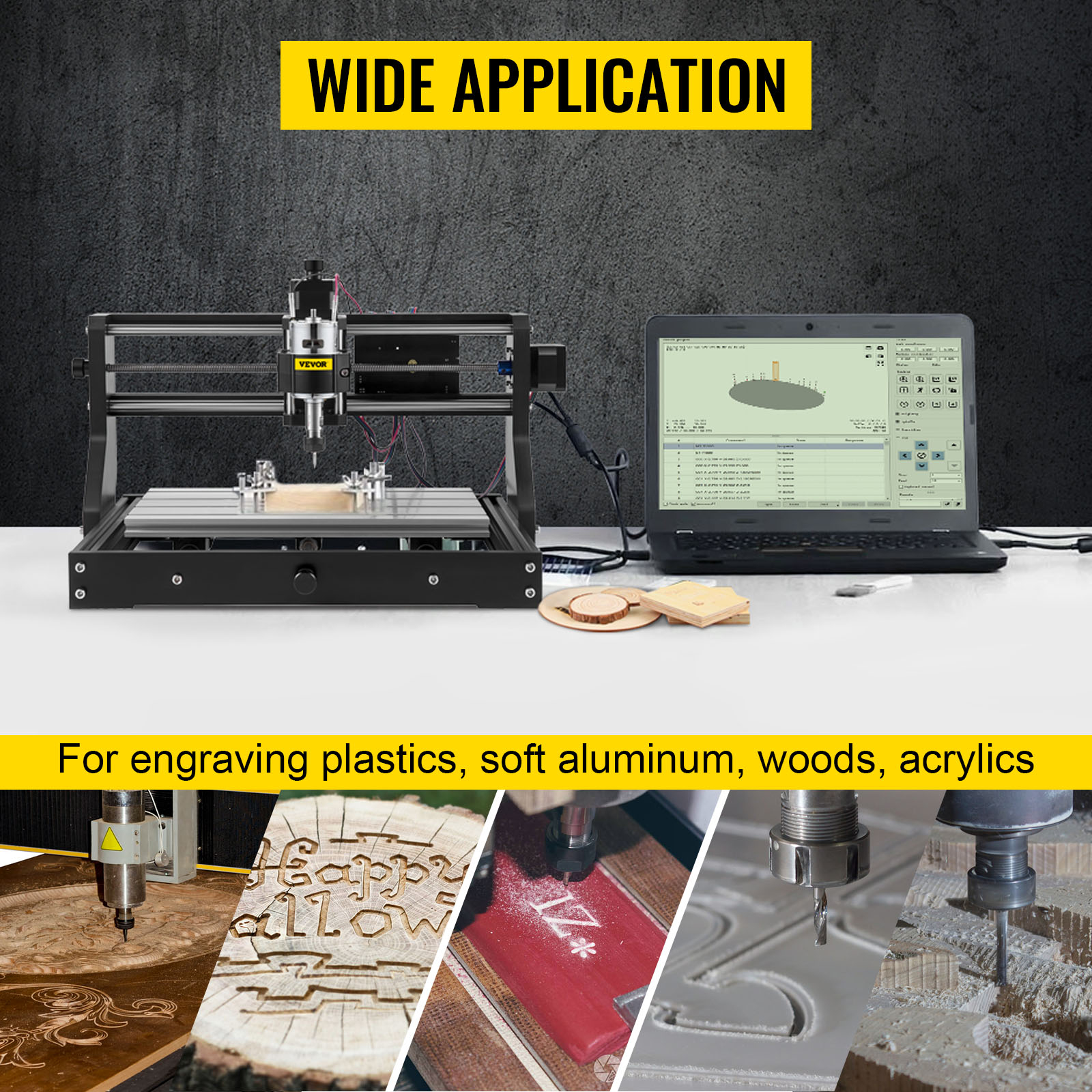 VEVOR cnc router machine beside a laptop, used for engraving various materials.