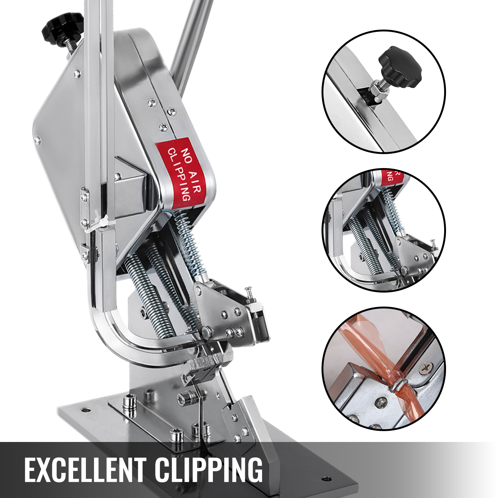 VEVOR sausage clipper machine with close-up details and "no air clipping" label.