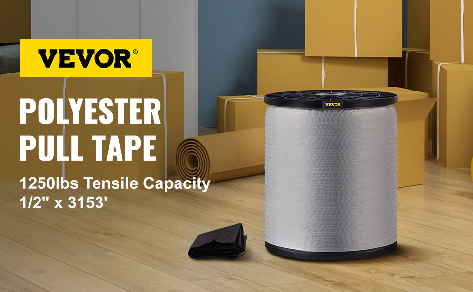 VEVOR polyester pull tape spool with cardboard boxes, 1250lbs tensile capacity, 1/2" x 3153'.