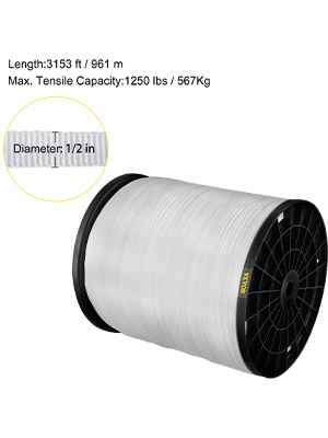 VEVOR polyester pull tape on spool, 3153 ft length, 1/2 in diameter, 1250 lbs capacity.