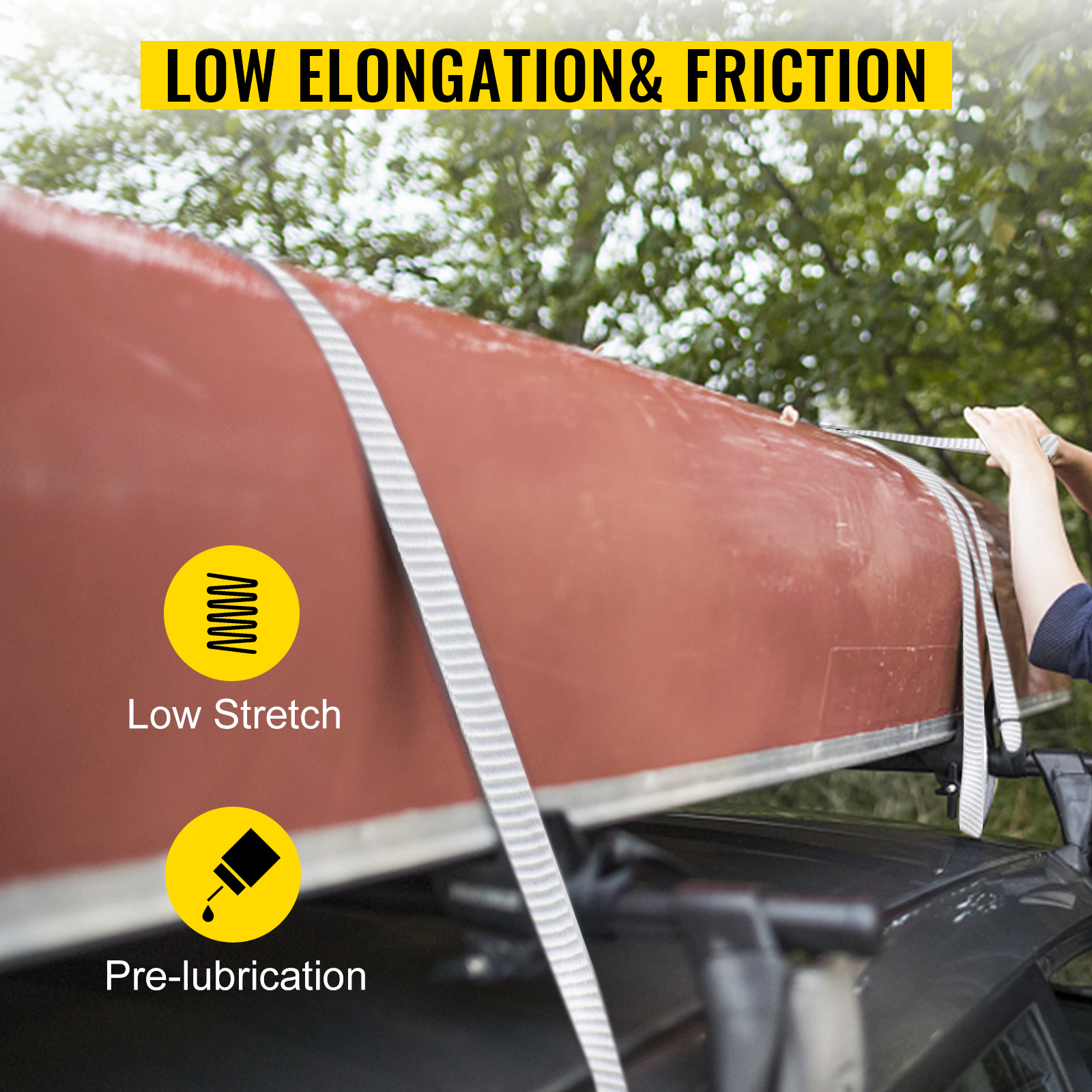 VEVOR polyester pull tape securing a red kayak with low elongation and friction.