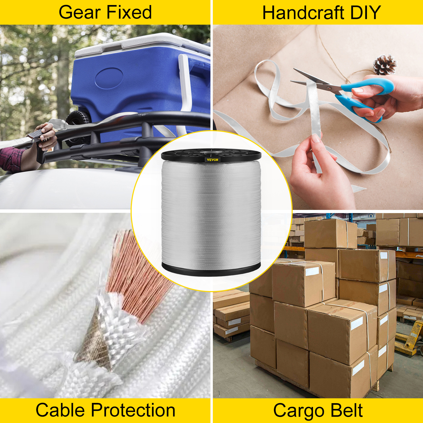 VEVOR polyester pull tape: gear fixed, handcraft diy, cable protection, cargo belt.