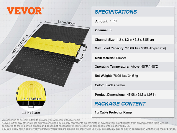 VEVOR cable protector ramp in black and yellow rubber, with 5 channels and 22000 lbs load capacity.