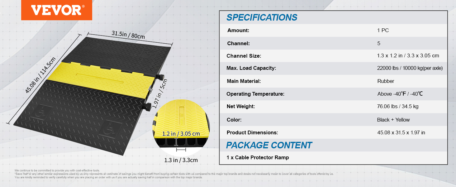 VEVOR cable protector ramp in black and yellow rubber, with 5 channels and 22000 lbs load capacity.