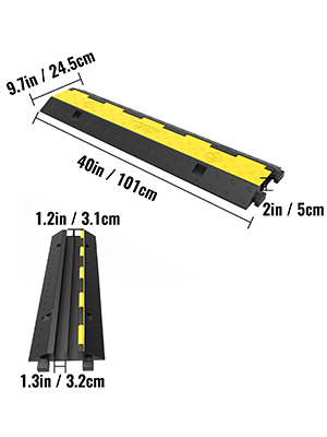 VEVOR cable protector ramp with dimensions for width, length, and height in black and yellow.