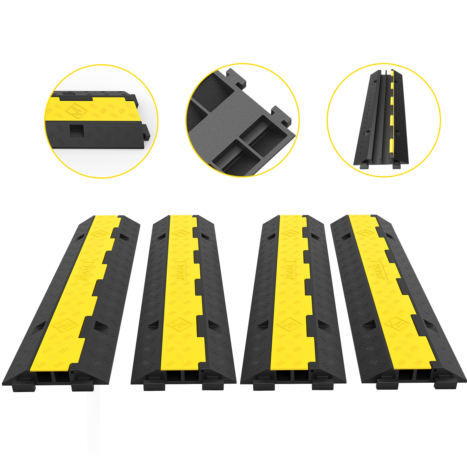 black and yellow VEVOR cable protector ramp with interlocking grooves and durable construction.
