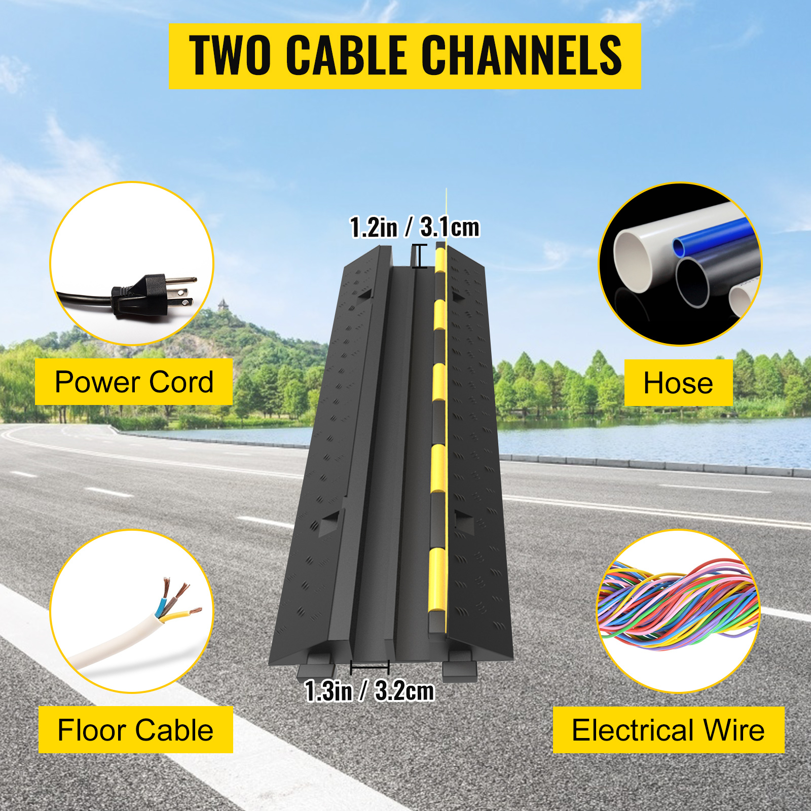 VEVOR cable protector ramp with two channels for power cords, floor cables, hoses, and wires.