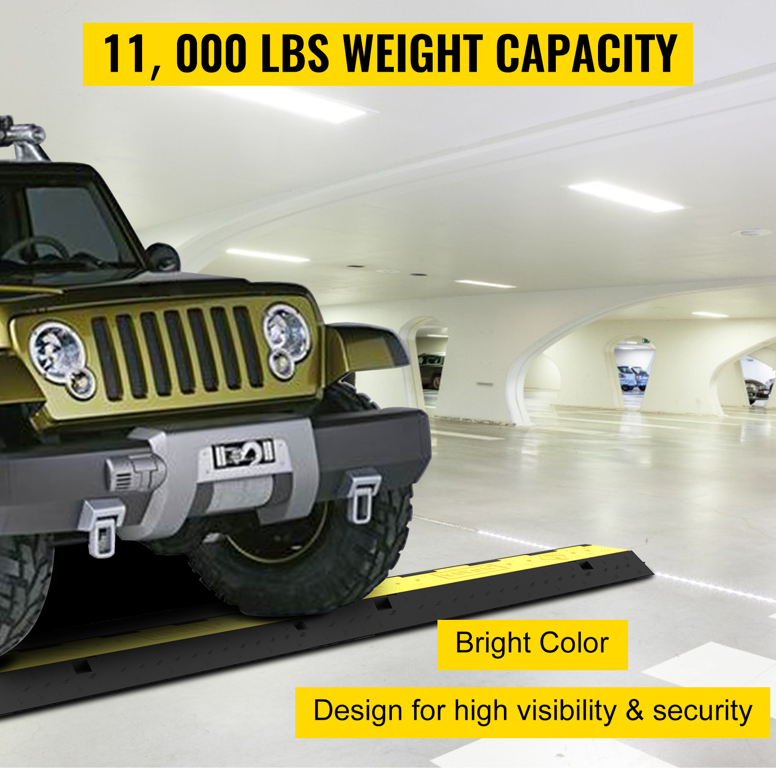 suv driving over VEVOR cable protector ramp, 11,000 lbs weight capacity, in a garage.