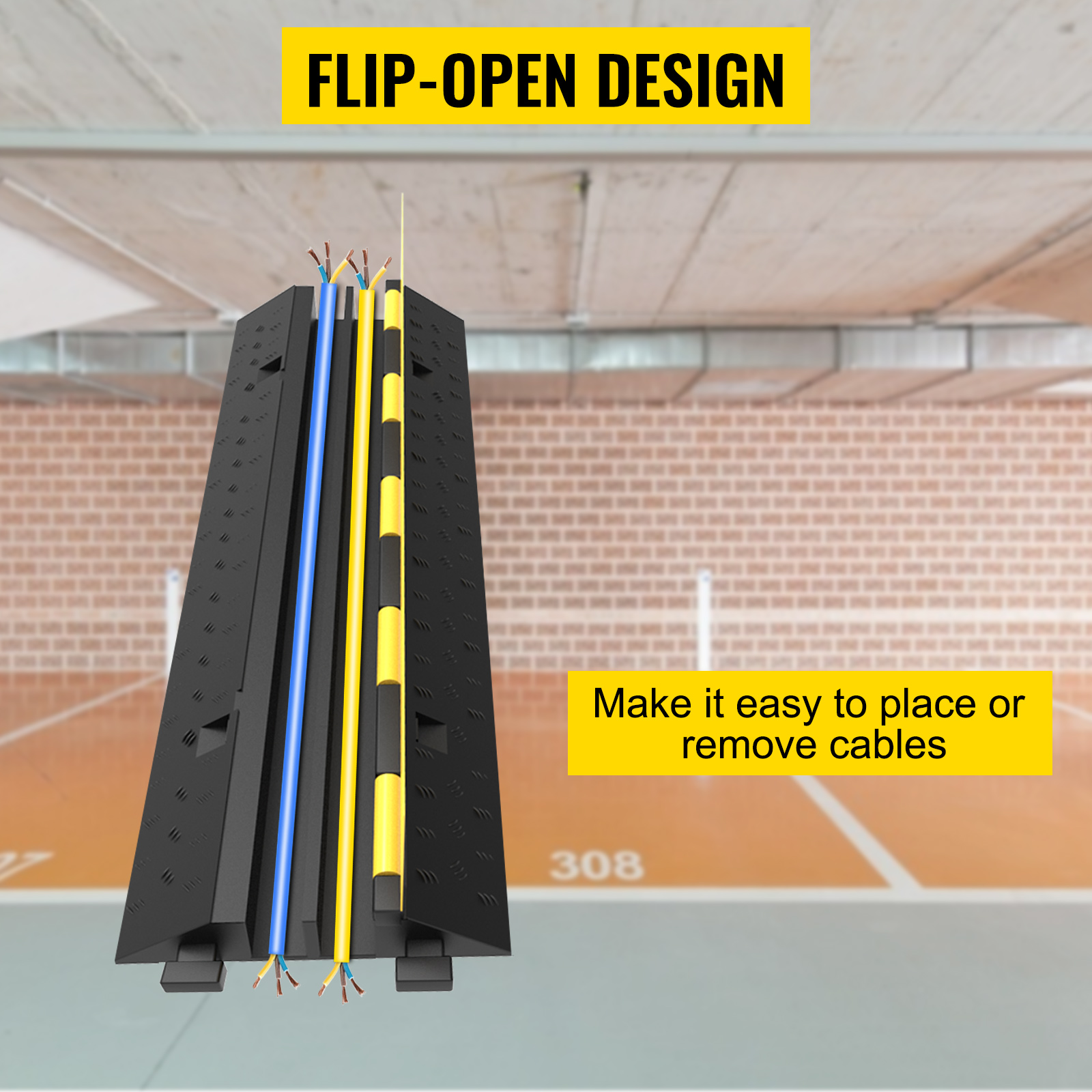 VEVOR cable protector ramp with flip-open design in a parking area.