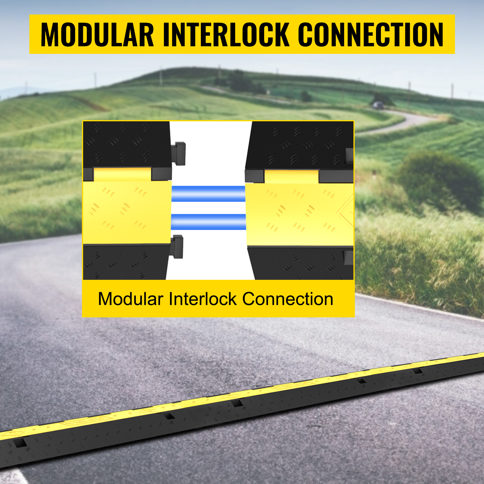 VEVOR cable protector ramp with modular interlock design on a rural road.