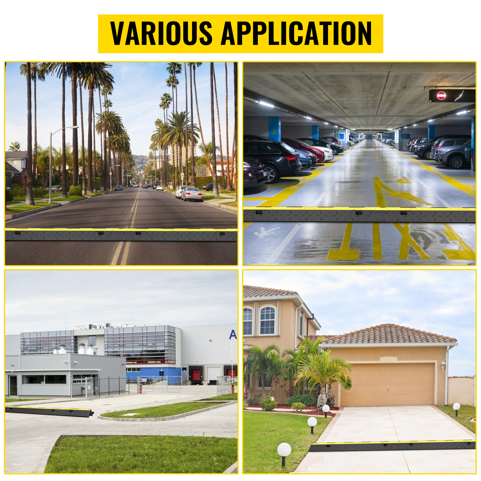 VEVOR cable protector ramp in various applications: road, parking, warehouse, driveway.