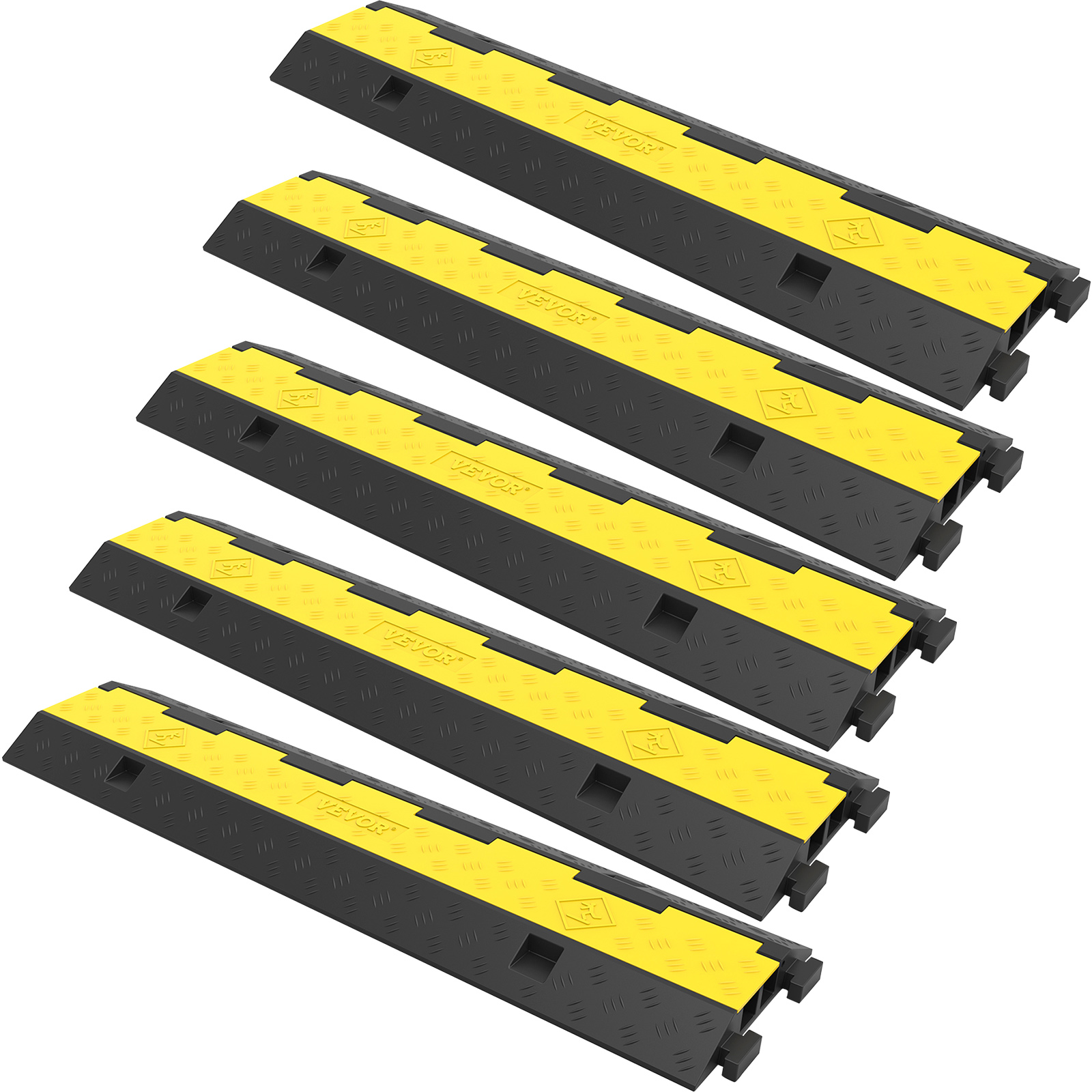 five black and yellow VEVOR cable protectors aligned in a row.