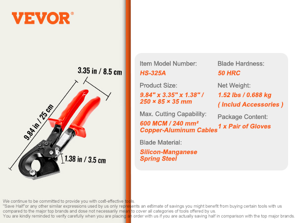 VEVOR ratcheting cable cutter, hs-325a, 600 mcm, 240 mm², red handles, 9.84"x3.35"x1.38".