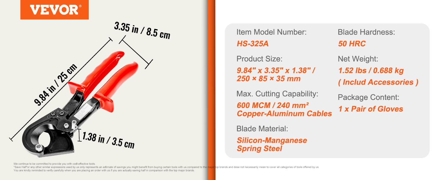 VEVOR ratcheting cable cutter, hs-325a, 600 mcm, 240 mm², red handles, 9.84"x3.35"x1.38".