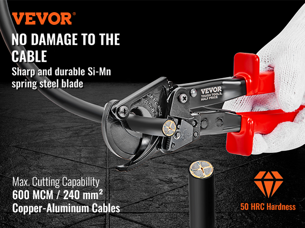 VEVOR ratcheting cable cutter cutting a cable with sharp si-mn spring steel blade and red handles.