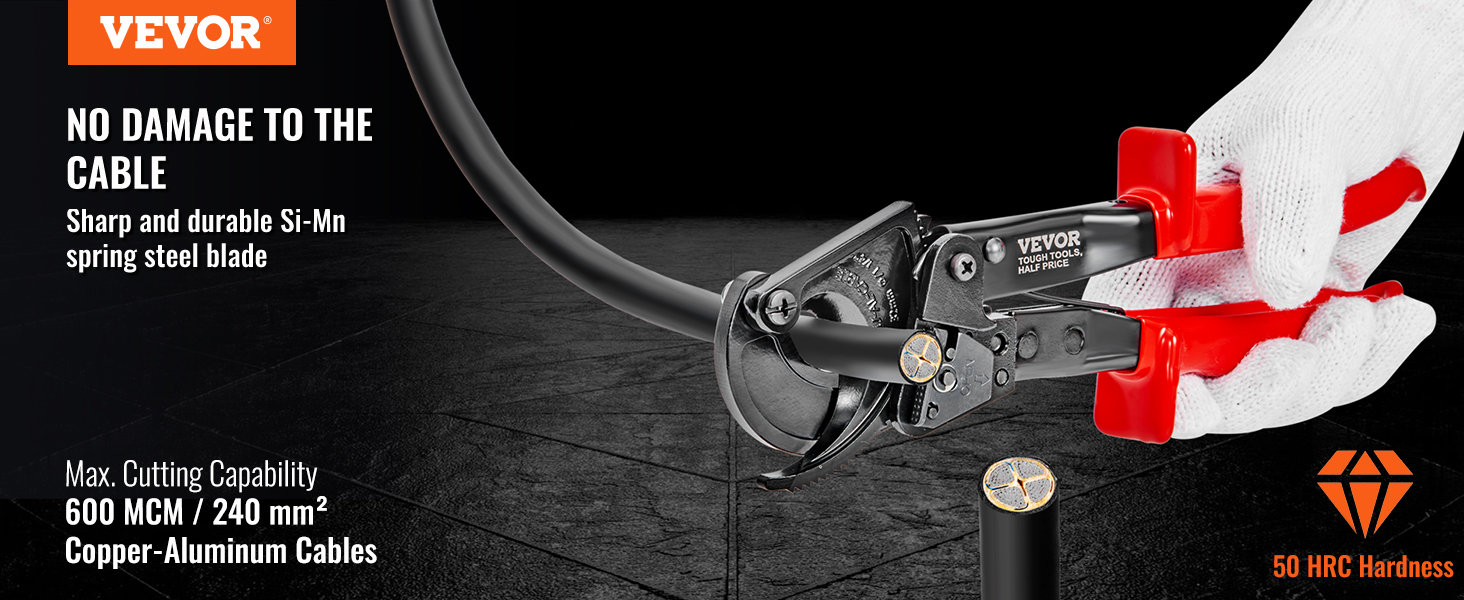 VEVOR ratcheting cable cutter cutting a cable with sharp si-mn spring steel blade and red handles.