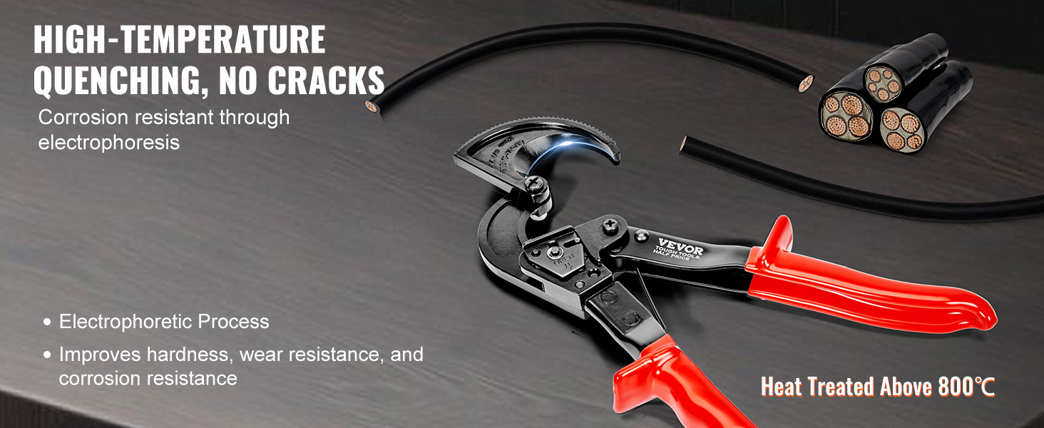 VEVOR ratcheting cable cutter with red handles, cutting thick black cables, corrosion-resistant.