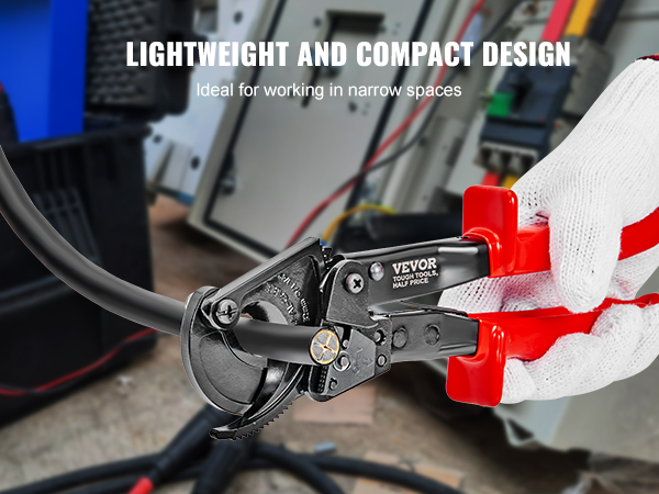 VEVOR cable cutter with red handles held by a gloved hand, ideal for tight spaces.