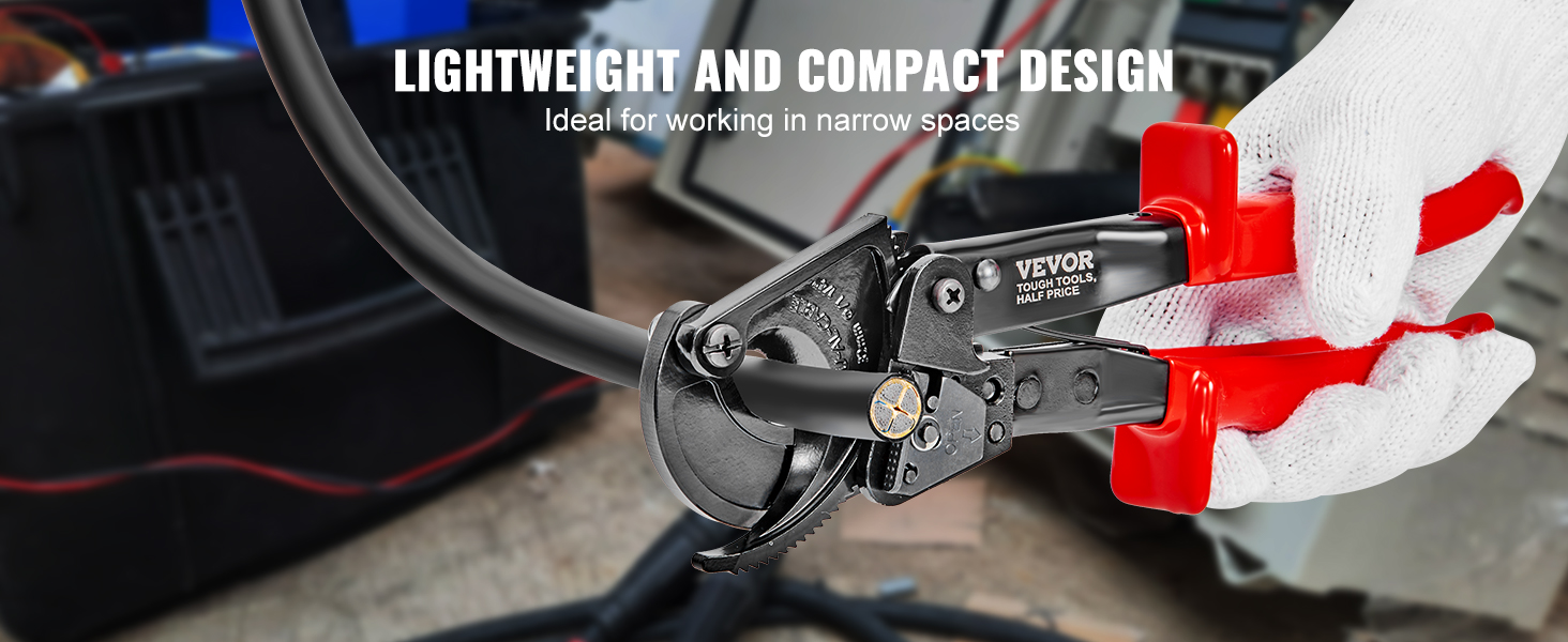 VEVOR cable cutter with red handles held by a gloved hand, ideal for tight spaces.
