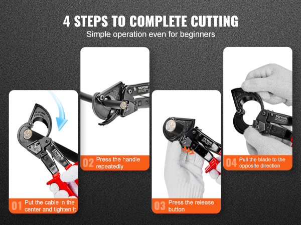 4-step guide using VEVOR ratcheting cable cutter with simple instructions for beginners.