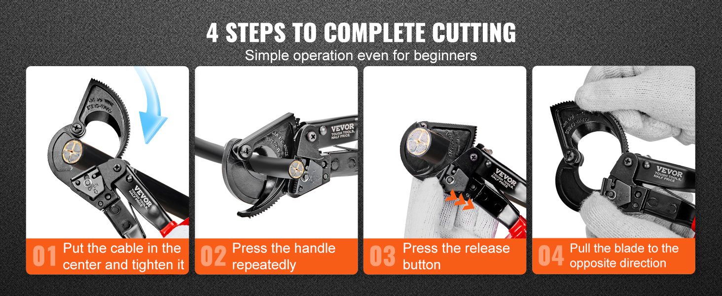 4-step guide using VEVOR ratcheting cable cutter with simple instructions for beginners.