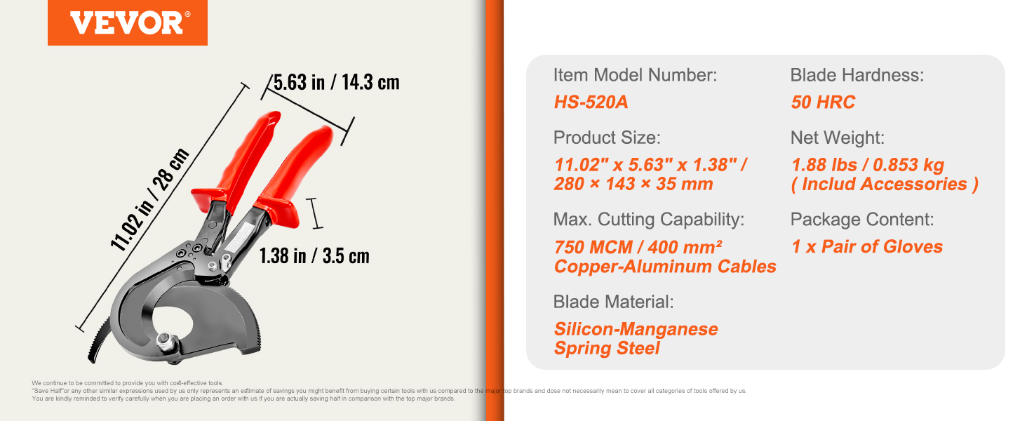 VEVOR ratcheting cable cutter with red handles; 11.02 in long, cuts up to 400mm² copper cables.