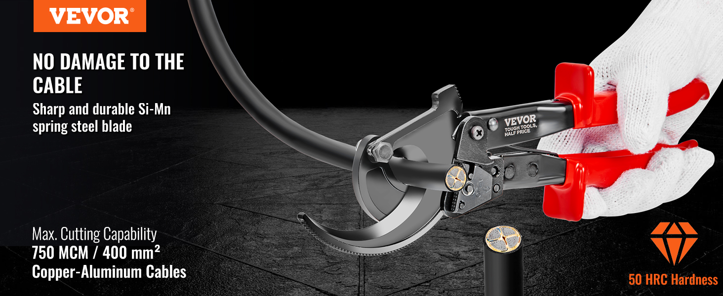 VEVOR ratcheting cable cutter with red handles cutting a thick cable, showing no damage.