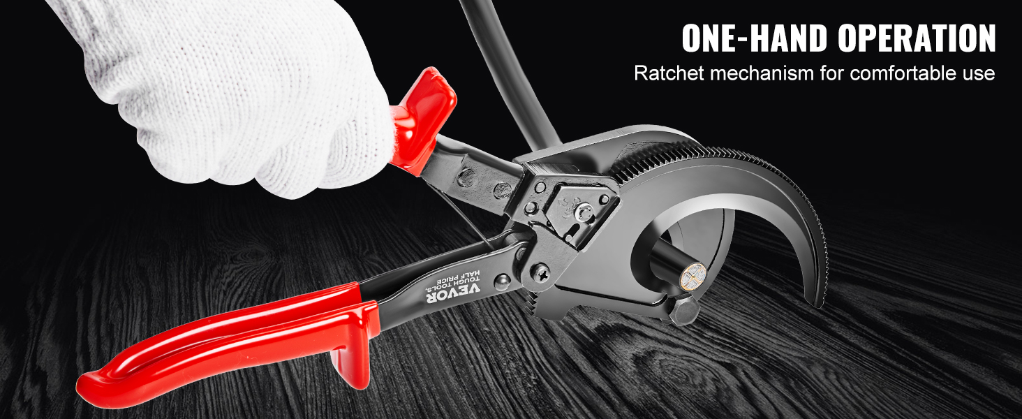 white-gloved hand using VEVOR ratcheting cable cutter with red handle and one-hand operation text.
