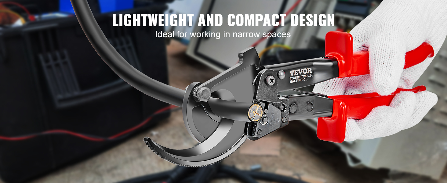 gloved hands using VEVOR ratcheting cable cutter with red handles, ideal for narrow spaces.