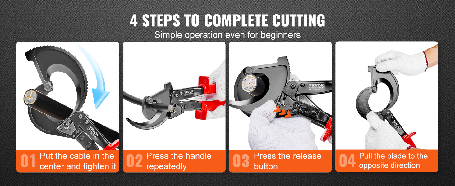 4 steps for using VEVOR ratcheting cable cutter: center and tighten, press handle, release, pull blade.