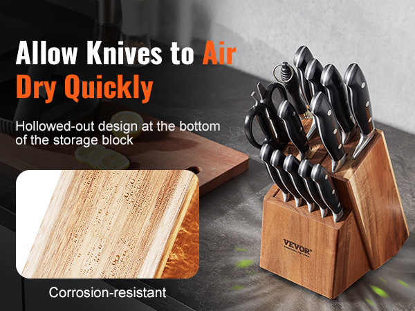 VEVOR knife storage block with hollowed-out design, allowing knives to air dry quickly.