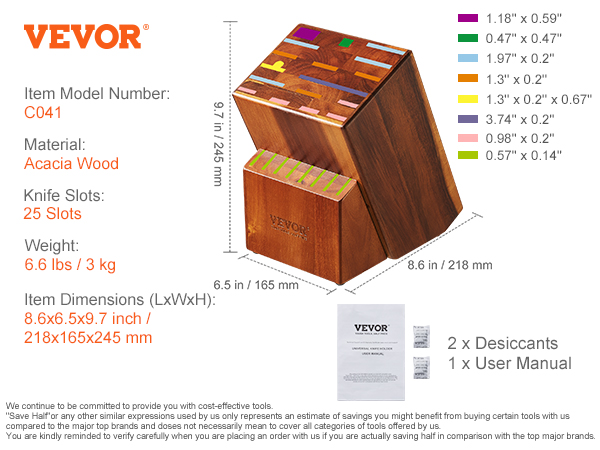 VEVOR knife storage block, acacia wood, 25 slots, dimensions 8.6x6.5x9.7 in, item c041 with user manual.