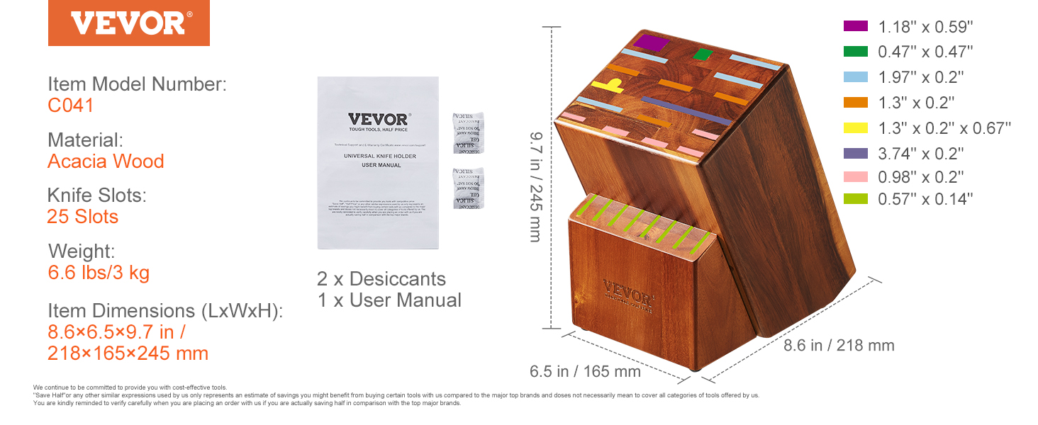 VEVOR knife storage block, acacia wood, 25 slots, dimensions 8.6x6.5x9.7 in, item c041 with user manual.