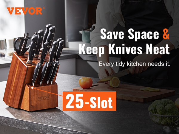 VEVOR knife storage block with 25 slots, shown in a modern kitchen setting with a person slicing food.