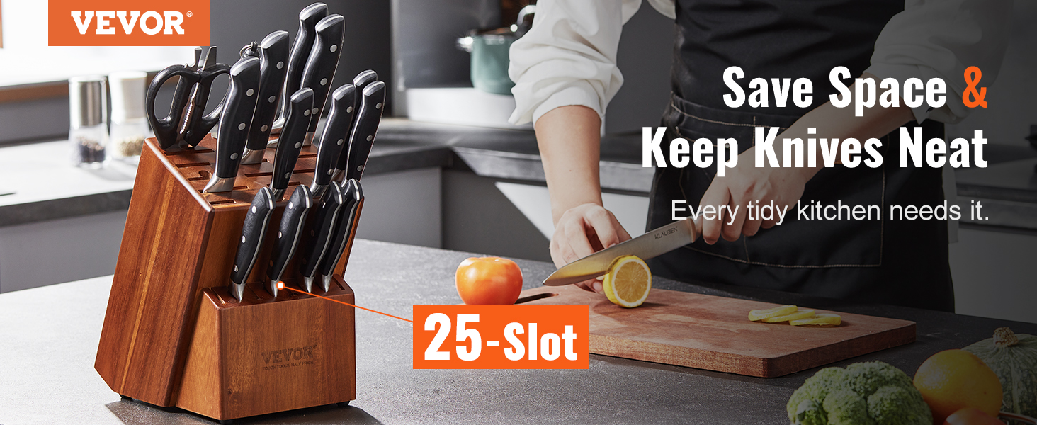 VEVOR knife storage block with 25 slots, shown in a modern kitchen setting with a person slicing food.