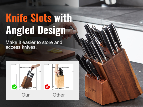 VEVOR knife storage block with angled slots for easy knife access, comparison showing superior design.
