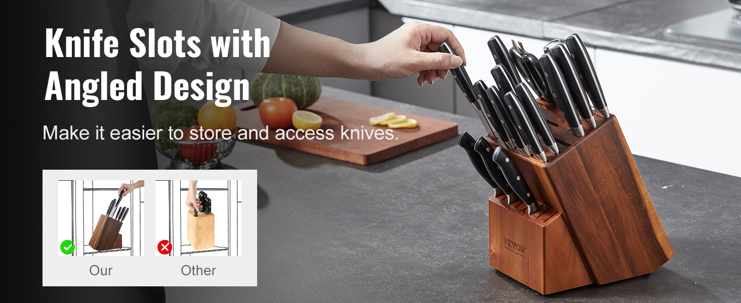 VEVOR knife storage block with angled slots for easy knife access, comparison showing superior design.
