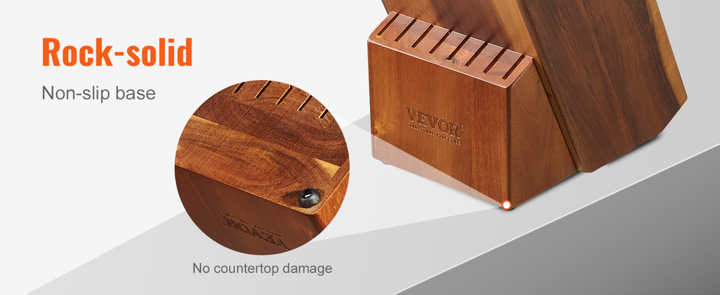 VEVOR knife storage block with non-slip base prevents countertop damage.