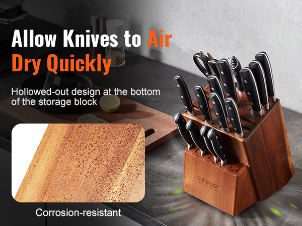 VEVOR knife storage block with hollowed-out design, allowing knives to air dry quickly on kitchen counter.