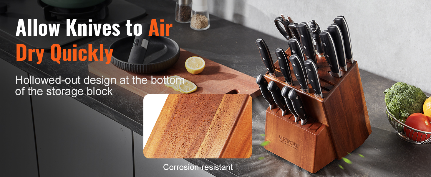 VEVOR knife storage block with hollowed-out design, allowing knives to air dry quickly on kitchen counter.