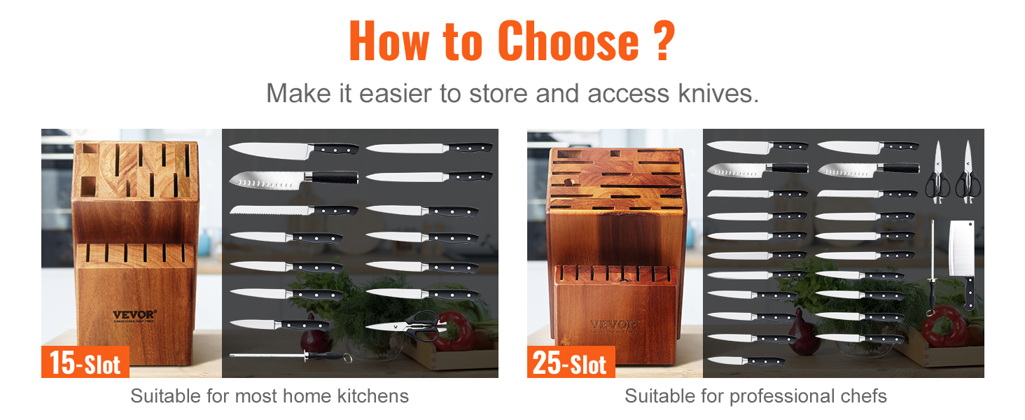 how to choose VEVOR knife storage block with 15 slots for home kitchens and 25 slots for chefs.