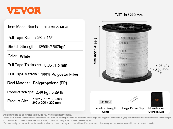 VEVOR polyester pull tape, 528' x 1/2", 1250lb stretch strength, white, on reel with dimensions.