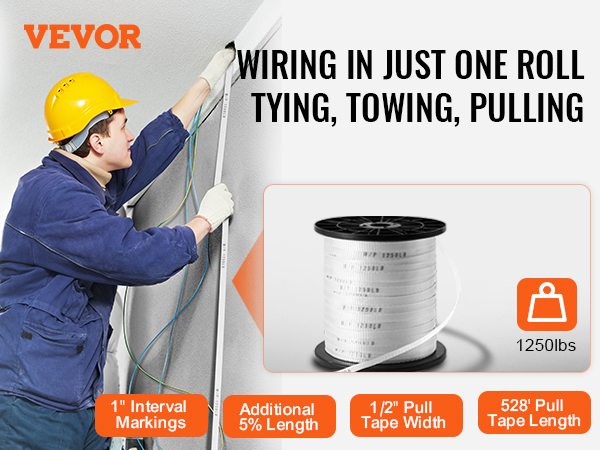 VEVOR polyester pull tape for wiring, towing, pulling, 1250lbs, 528' length, 1" markings, 1/2" width.