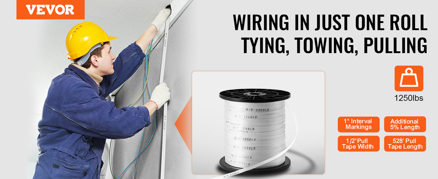 VEVOR polyester pull tape for wiring, towing, pulling, 1250lbs, 528' length, 1" markings, 1/2" width.