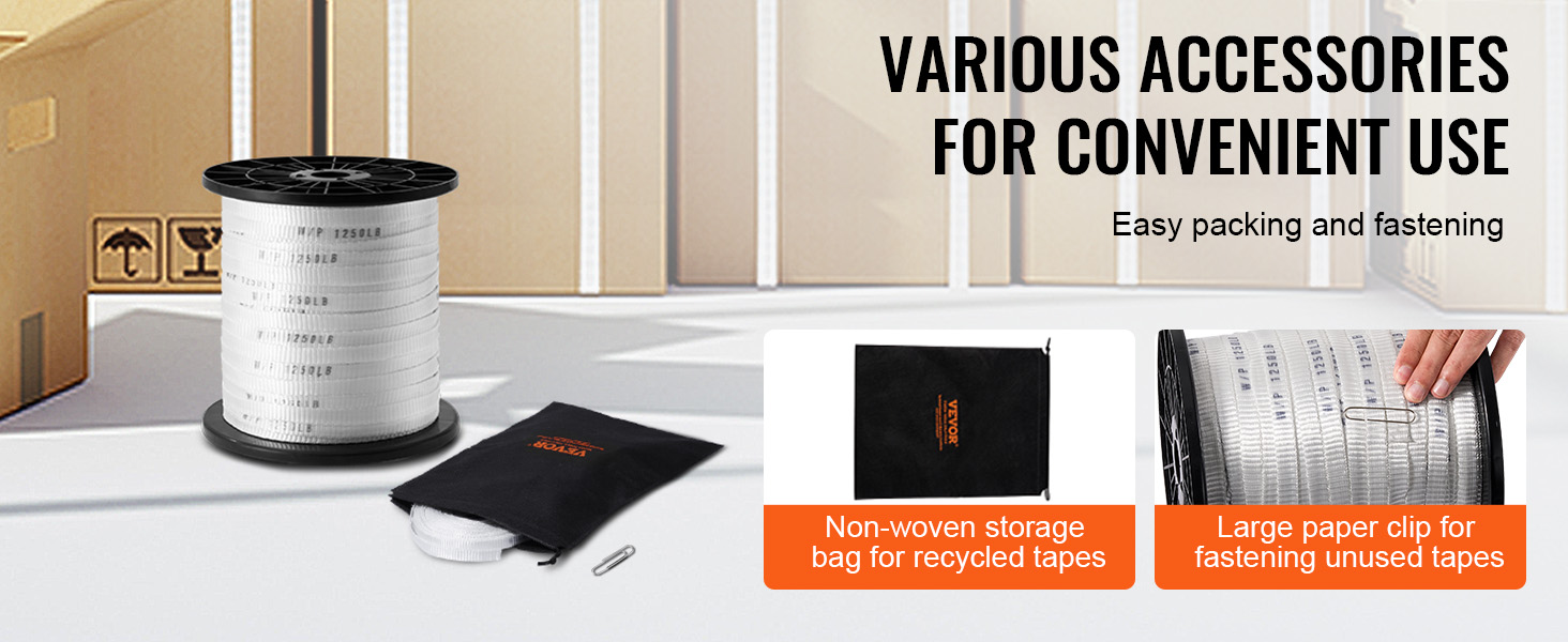 VEVOR polyester pull tape with non-woven storage bag and paper clip for easy packing and fastening.