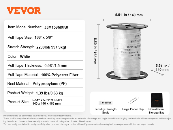 VEVOR polyester pull tape specifications, including dimensions, material, and tensile strength.