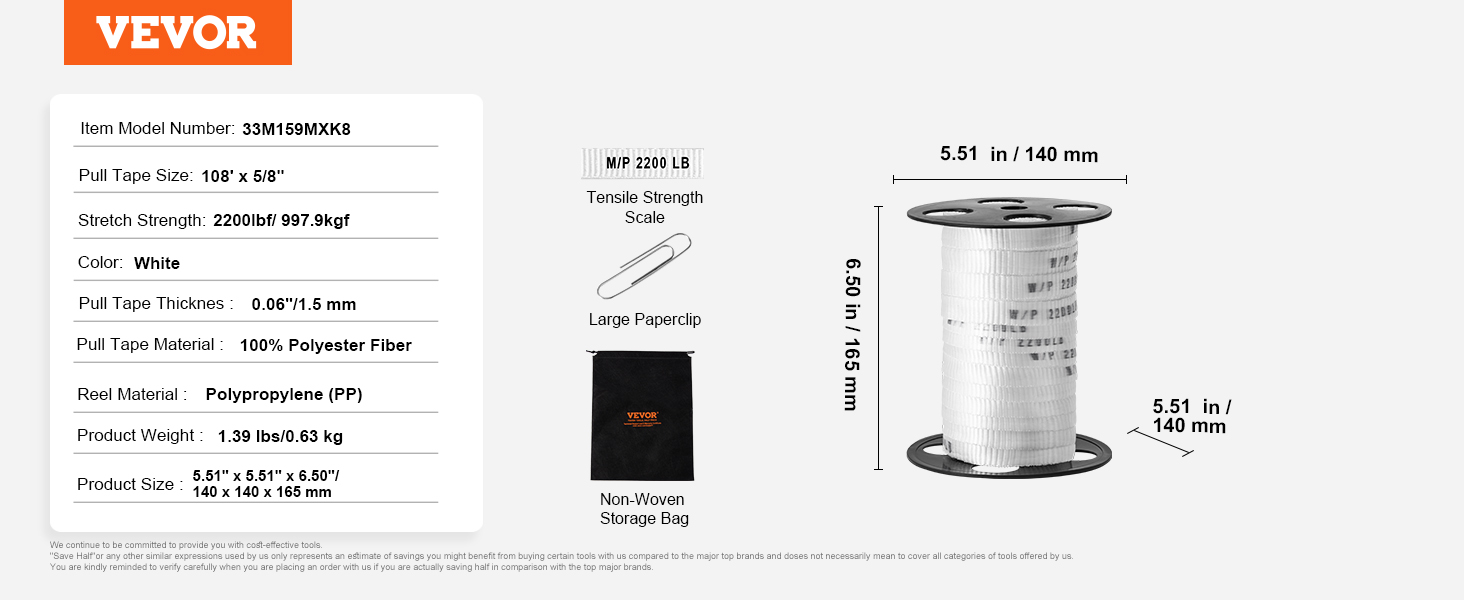 VEVOR polyester pull tape specifications, including dimensions, material, and tensile strength.