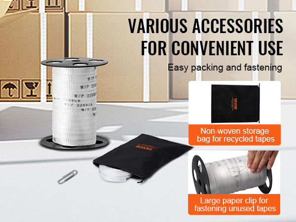 various accessories with VEVOR polyester pull tape: storage bag, large paper clip for easy packing and fastening.